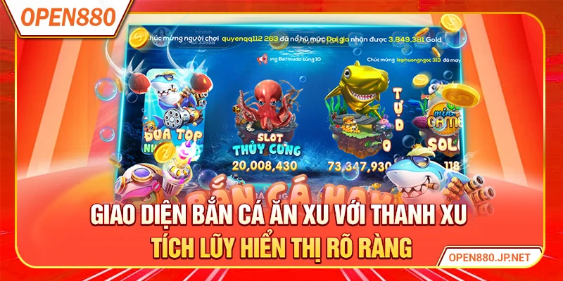 Giao diện bắn cá ăn xu với thanh xu tích lũy hiển thị rõ ràng
