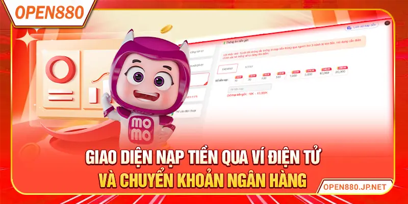 Giao diện nạp tiền qua ví điện tử và chuyển khoản ngân hàng